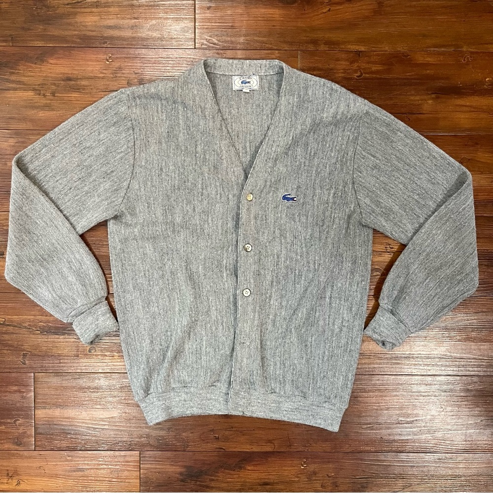 Vintage 70s Lacoste Grey Knit Cardigan Grandpa Sweater Size Large